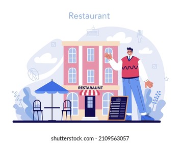 Restaurant concept. Caffe employees and administration. People having lunch in restaurant. Hostess helps visitors. Flat vector illustration.