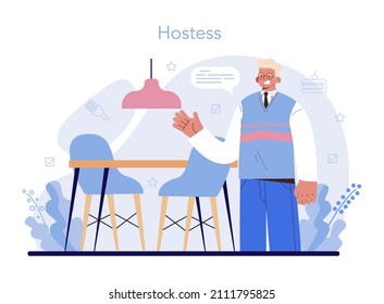 Restaurant concept. Caffe employees and administration. People having lunch in restaurant. Hostess helps visitors. Flat vector illustration.