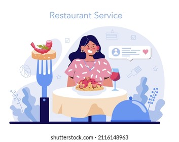 Restaurant concept. Caffe employees and administration. People having lunch in restaurant. Hostess helps visitors. Flat vector illustration.