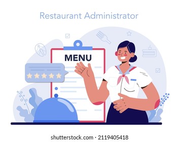 Restaurant concept. Caffe employees and administration. People having lunch in restaurant. Hostess helps visitors. Flat vector illustration.