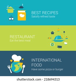 Restaurant concept flat icons set of best recipes book recipebook cafe bar service international food globe world love heart like vector web illustration website click infographics elements collection