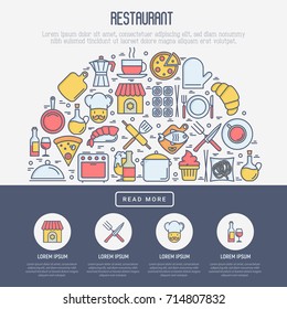 Restaurant concept in half circle with thin line icons: chef, kitchenware, food, beverages for menu or print media. Vector illustration for banner, web page.
