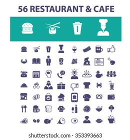 Restaurant concept icons: hotel services, menu, dining, pizza, bill, beer, cafe, fast food, cafeteria, beverage, hot dog, bbq, cooking, pub. Vector illustration
