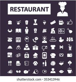 Restaurant concept icons: hotel services, menu, dining, pizza, bill, beer, cafe, fast food, cafeteria, beverage, hot dog, bbq, cooking, pub. Vector illustration
