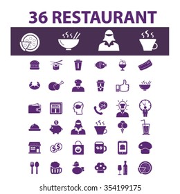 Restaurant concept icons: hotel services, menu, dining, pizza, bill, beer, cafe, fast food, cafeteria, beverage, hot dog, bbq, cooking, pub. Vector illustration
