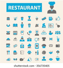 Restaurant concept icons: hotel services, menu, dining, pizza, bill, beer, cafe, fast food, cafeteria, beverage, hot dog, bbq, cooking, pub. Vector illustration
