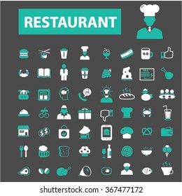 Restaurant concept icons: hotel services, menu, dining, pizza, bill, beer, cafe, fast food, cafeteria, beverage, hot dog, bbq, cooking, pub. Vector illustration
