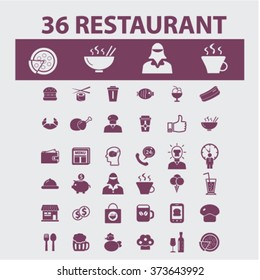 Restaurant concept icons: hotel services, menu, dining, pizza, bill, beer, cafe, fast food, cafeteria, beverage, hot dog, bbq, cooking, pub. Vector illustration
