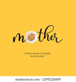 Restaurant concept of International mother's day. A plate of noodles on a yellow background. Happy Mother's day. Restaurant posters, restaurant branding and social media post design.