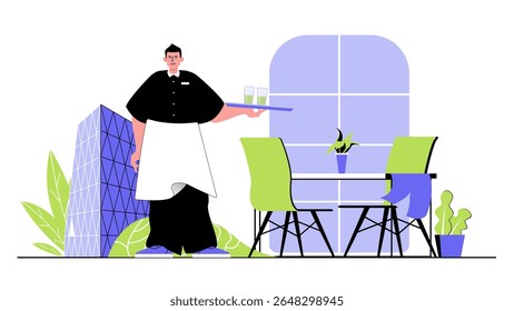 Conceito de restaurante para web design moderno. Pessoas jantando no café, garçom carrega cardápio e óculos, servindo encontro romântico ou jantar à noite. Ilustração de vetor plano isolada em fundo branco.