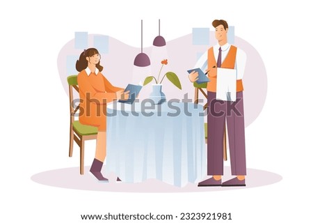 Restaurant concept with people scene in the flat cartoon design. The girl decided to have dinner in a restaurant. Vector illustration.