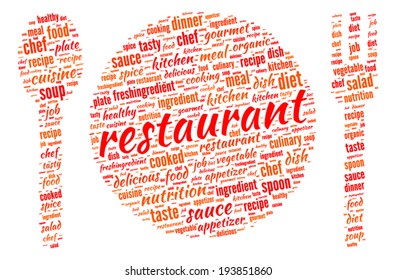 Restaurant Concept - Plate, Spoon and Fork shaped word cloud