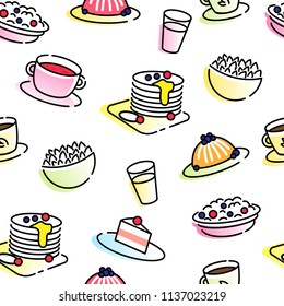 Restaurant concept  seamless pattern with colorful  line icons 