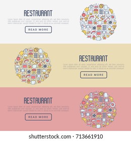 Restaurant concept with thin line icons: chef, kitchenware, food, beverages for menu or print media. Vector illustration for banner, web page.