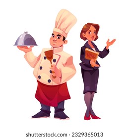 Restaurant cook chef and manager character vector illustration. Cartoon people hospitality worker team. Female professional hostess holding menu book. Man in chief uniform with spatula and meal cloche