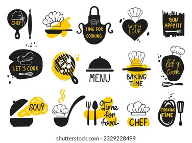 Logo del restaurante cocinero con sombreros de chef, sartenes y delantal. Etiquetas de cocina, elementos tipográficos positivos. Insignias vectoriales neoterinas de comida y cocina