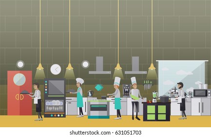 Restaurant cook vector illustration. Cooks males preparing food, waiters getting ready meals, kitchen room interior flat style design elements.