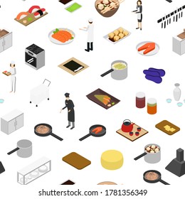 El concepto de cocina de restaurante, con un fondo de patrón incomparable en una vista isométrica blanca 3d, incluye platos, chef, horno y plato. Ilustración del vector