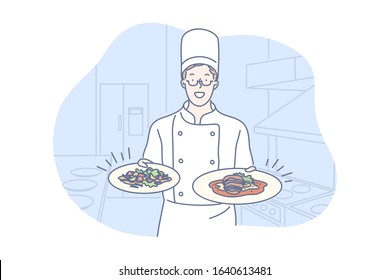 Restaurant, cooking, dish, presentation concept, Young man chef is standing in restaurant kitchen, holding two delicious dishes from new menu. Happy boy cooker offers degustation. Simple flat vector