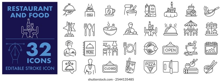 Restaurant Cooking Food icon collection Editable Stroke Line Icon  Containing meal, restaurant, dishes, fast food, drinks, Eating, delivery, cuisines, Kitchen and Candle Light and more vector