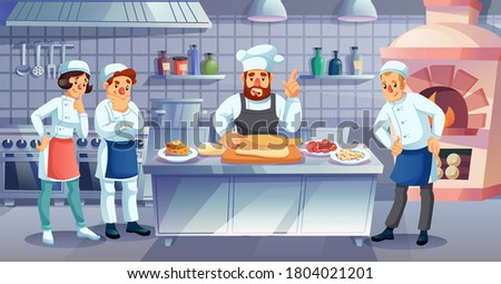Restaurant cooking master class, culinary art lesson, training course. Man chef teaching young student, apprentice, showing knead roll dough for italian pizza. Commercial cookery, cuisine
