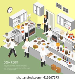 Restaurant cooking room with chefs commercial equipment for frying and baking dishes isometric poster abstract vector illustration 