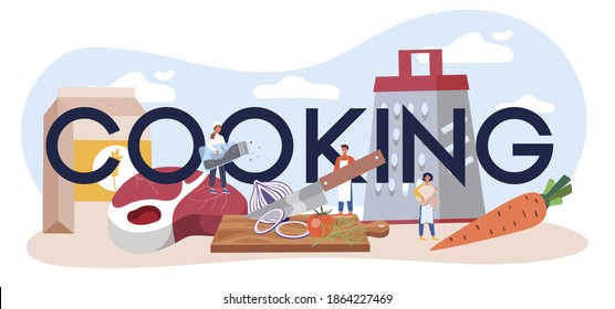 Restaurant cooking typographic header. Collection of people in apron making tasty dish. Professional worker on the kitchen. Food maker. Isolated vector illustration in cartoon style