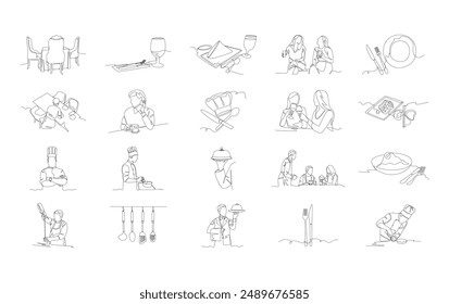 Restaurant and cooking utensils one line art set