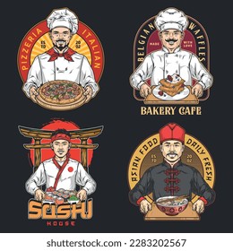 Restaurant cooks set colorful logotypes with hospitable men offering to try dishes of national ethnic cuisine vector illustration