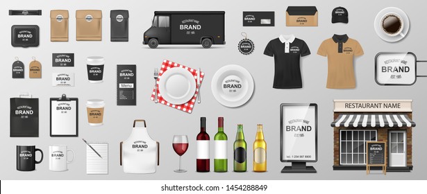 Restaurant Corporate Branding identity template. MockUp design for Coffee, Cafe, Fast food. Realistic set of uniform, delivery truck, food cart, street menu and package. Vector illustration
