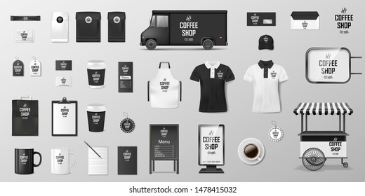 Restaurant Corporate Branding identity template. Realistic MockUp design for Coffee, Cafe, Fast food, set of uniform, delivery truck, envelope, cup. Vector illustration