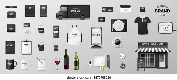 Restaurant Corporate Branding identity template. Realistic MockUp design for Coffee, Cafe, Fast food, set of uniform, delivery truck, envelope, cup. Vector illustration