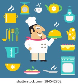 Restaurant cousine chef serving hot dishes and kitchen items set of pot scale cup tea and apron vector illustration