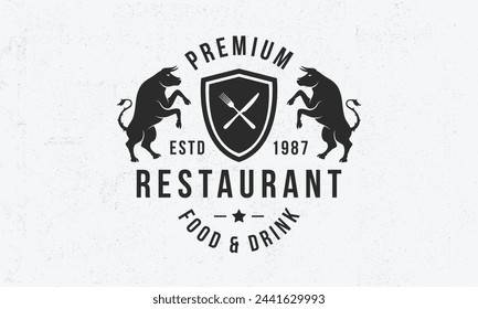 Restaurant crest logo. Restaurant logo with heraldic bull. Grain texture. Vintage emblem, poster for restaurant, cafe, kitchen. Restaurant menu design. Vector illustration