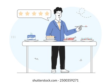 Restaurant critic man. Young guy evaluates dishes. Sommelier tries cake, pancakes, salt and chicken leg. Cafe and catering occupation. Linear vector illustration isolated on white background