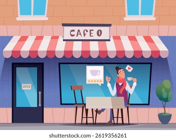 Restaurant critic. Professional culinary expert eating and testing different foods in restaurant interior exact vector cartoon background illustration