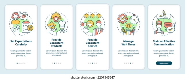 Restaurant customer service onboarding mobile app screen. Communication walkthrough 5 steps editable graphic instruction with linear concepts. UI, UX, GUI template. Myriad Pro-Bold, Regular fonts used