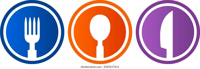 Restaurant cutlery circular symbols of a fork, spoon and knife. Icon set