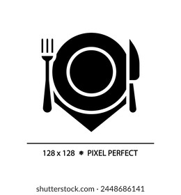 Restaurant cutlery place setting pixel perfect black glyph icon. Customer service, dining experience. Cooking equipment. Silhouette symbol on white space. Solid pictogram. Vector isolated illustration