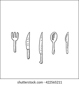 restaurant cutlery and tableware with fork, knife and spoon vector hand drawn sketch illustration