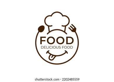 restaurant delicious food logo badge line style vector design with smile face, fork and spoon icon concept for catering, food culinary logo design