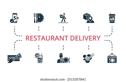 Restaurant Delivery icon set. Monochrome simple Restaurant Delivery icon collection. Payment Completed, Lunch Time, Service, Address, Coffee To Go, Pizza Delivery, Cold Drinks, Business Lunch, Wok