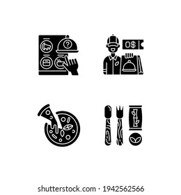 Restaurant delivery service black glyph icons set on white space. Free delivery coupon. Choosing restaurant. Pizza. Disposable cutlery. Silhouette symbols. Vector isolated illustration
