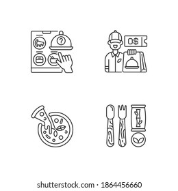 Restaurant delivery service linear icons set. Free delivery coupon. Choosing restaurant. Pizza. Customizable thin line contour symbols. Isolated vector outline illustrations. Editable stroke