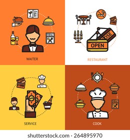 Restaurant design concept set with waiter service cook flat icons isolated vector illustration