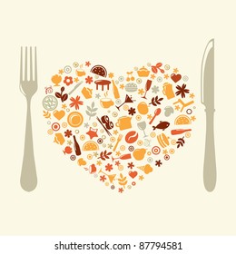 Restaurant Design In Form Of Heart, Vector Illustration