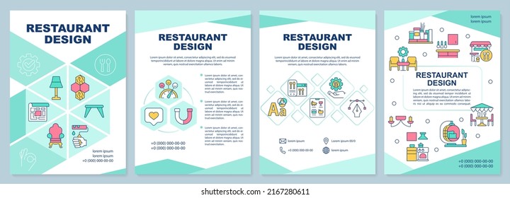 Restaurant design green brochure template. Dining room. Leaflet design with linear icons. Editable 4 vector layouts for presentation, annual reports. Arial-Black, Myriad Pro-Regular fonts used