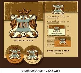 Restaurant design set contains templates  for  business card, coaster, menu with price and text .Restaurant design set.