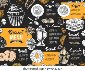Restaurant dessert menu design. Decorative sketch of cupcakes and donuts. Sweet menu