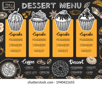 Restaurant dessert menu design. Decorative sketch of cupcakes and donuts. Sweet menu